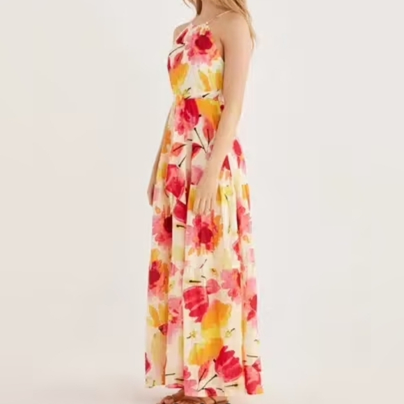 Rumer Sunshine Halter Maxi Dress, Pink Orange Yellow Floral, Small - Picture 3 of 11